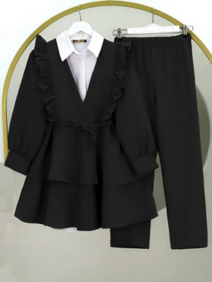 Önü Fırfırlı Bağcıklı Eteği Katlı Pantolonlu Kimono Takım