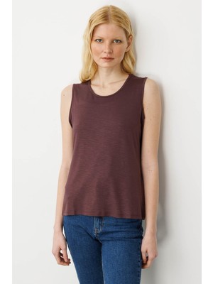 Desen Triko Kadın Sıfır Yaka Flamlı Kumaş Basic Askılı Tshirt Kahve