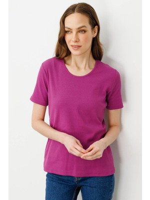 Kadın Sıfır Yaka Kısa Kol Pamuk Kaşkorse T-Shirt Sıklamen