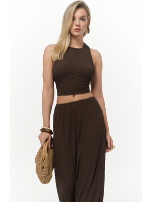 Ayshe Bağlamalı Kahve Crop Pantolon Takım