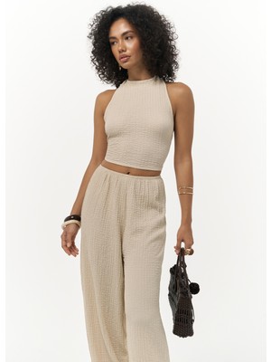 Ayshe Bağlamalı Bej Crop Pantolon Takım