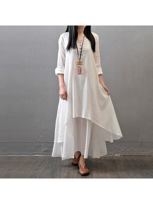 Günlük Yazlık Kadın Ekru İki Katlı Salaş Elbise