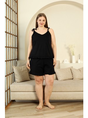 %100 Pamuk Ip Askılı Büyük Beden Şortlu Kadın Pijama Takımı- Geniş Beden Aralığı