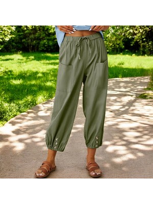 Beli Lastikli Düğmeli Keten Pantolon