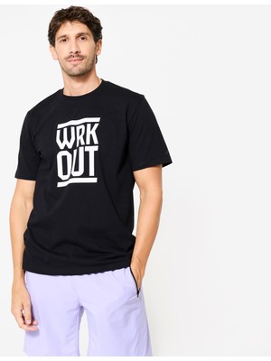 Domyos Erkek Düz Kesimli Spor Tişörtü - Ultra Siyah - Fitness