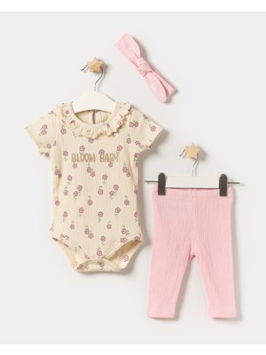 Minipodyum Kız Bebek Örme Müslin Bandanalı Taytlı Yazlık 3'lü Takım