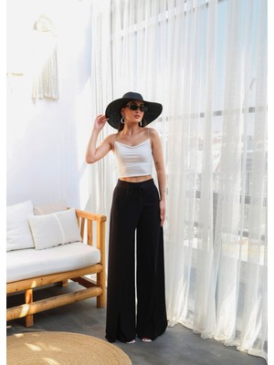 Kadın Önü Çapraz Parçalı Lastikli ve Bağcıklı Geniş Paça Keten Pantolon