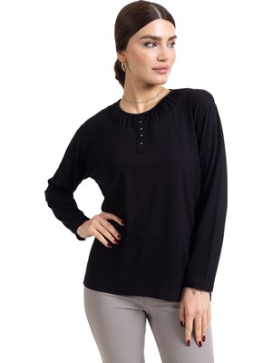 Mutlu City Yeni Sezon 2024 Sade Desen Yuvarlak Yaka Regular Kalıp Anne Penye Bluz 6380