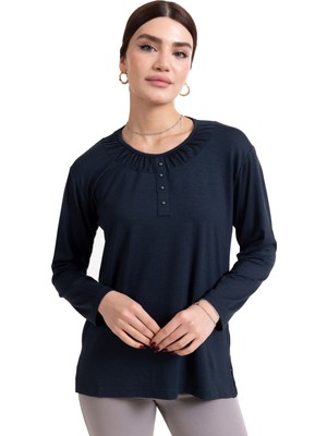 Mutlu City Yeni Sezon 2024 Sade Desen Yuvarlak Yaka Regular Kalıp Anne Penye Bluz 6380