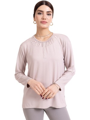 Mutlu City Yeni Sezon 2024 Sade Desen Yuvarlak Yaka Regular Kalıp Anne Penye Bluz 6380