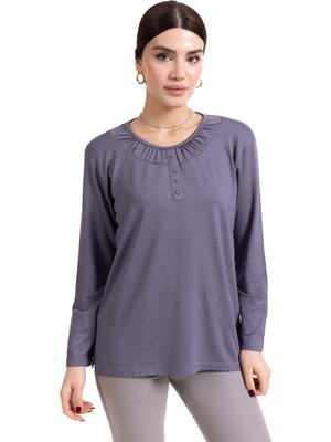 Mutlu City Yeni Sezon 2024 Sade Desen Yuvarlak Yaka Regular Kalıp Anne Penye Bluz 6380