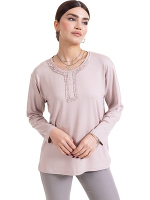 Mutlu City Yeni Sezon Kadın Orta Yaş ve Üzeri Uzun Kollu Yaka Desenli Likralı Anne Penye Bluz 6390