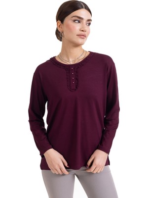 Mutlu City Yeni Sezon Kadın Orta Yaş ve Üzeri Uzun Kollu Yaka Desenli Likralı Anne Penye Bluz 6390