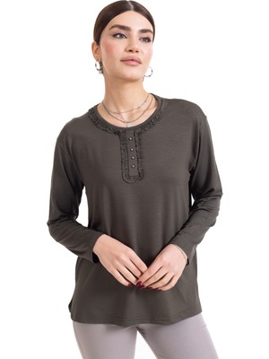 Mutlu City Yeni Sezon Kadın Orta Yaş ve Üzeri Uzun Kollu Yaka Desenli Likralı Anne Penye Bluz 6390