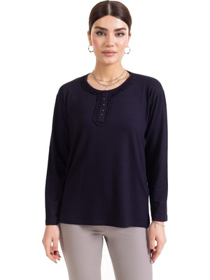 Mutlu City Yeni Sezon Kadın Orta Yaş ve Üzeri Uzun Kollu Yaka Desenli Likralı Anne Penye Bluz 6390