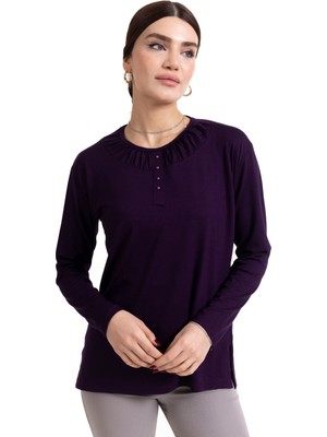 Mutlu City Yeni Sezon 2024 Sade Desen Yuvarlak Yaka Regular Kalıp Anne Penye Bluz 6380