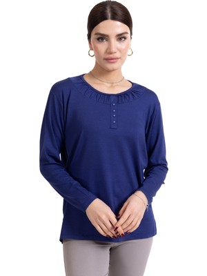 Mutlu City Yeni Sezon 2024 Sade Desen Yuvarlak Yaka Regular Kalıp Anne Penye Bluz 6380