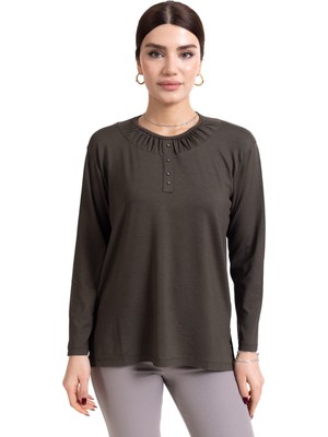 Mutlu City Yeni Sezon 2024 Sade Desen Yuvarlak Yaka Regular Kalıp Anne Penye Bluz 6380