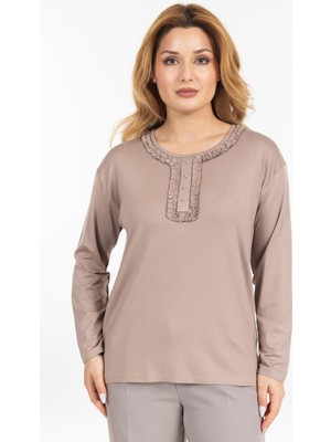 Yeni Sezon Kadın Orta Yaş ve Üzeri Uzun Kollu Yaka Desenli Likralı Anne Penye Bluz 6390