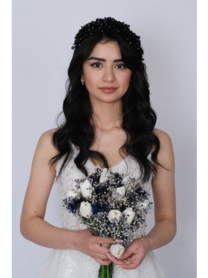 Hayalperest Boncuk Siyah Nilsu Boncuklu Gelin Tacı Saç ve Türban Aksesuar