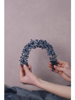 Hayalperest Boncuk Indigo Mavi Nida Çiçek Mineli Gelin Tacı Saç ve Türban Aksesuarı