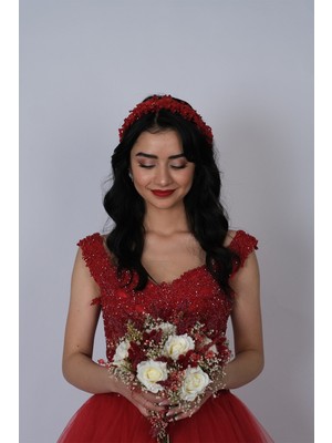 Hayalperest Boncuk Bordo Nida Çiçek Mineli Gelin Tacı Saç ve Türban Aksesuarı