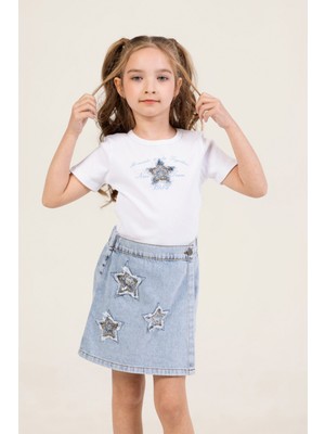 Yıldız Pul Detaylı Ribana Kısa Kol Tişört ve Şort Etek Bayramlık Özel Gün Kız Çocuk Takım