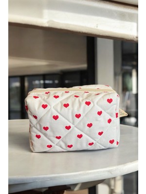 Bahels Kalp Desen Makyaj Çantası Beyaz Pamuklu Dikdörtgen Tasarım 18 x 13 x 9 cm