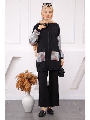 İmaj Butik Siyah File Garnili Tunik Pantolonlu Takım
