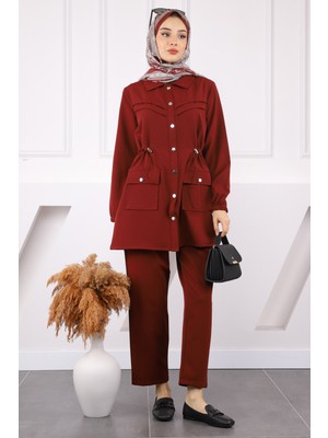 Bordo Bel Lastikli Tunik Pantolonlu Takım