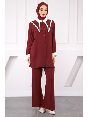 İmaj Butik Bordo Yaka Detaylı Tunik Pantolonlu Takım