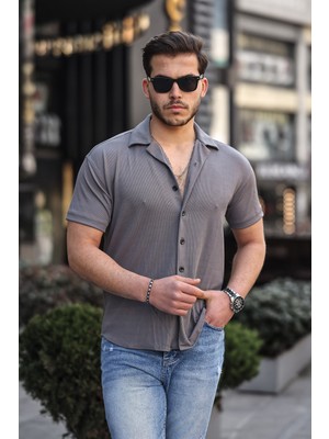 Erkek Yazlık Likralı Slim Fit Gömlek Yaka Kısa Kollu Gömlek