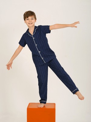 Erkek Çocuk Kısa Kollu Düğmeli %100 Pamuklu Pijama Takımı Beta