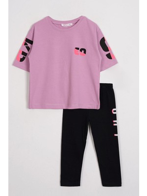 Zepkids Kısa Kol Yazı Baskılı Lila Renk Kız Çocuk Taytlı Takım