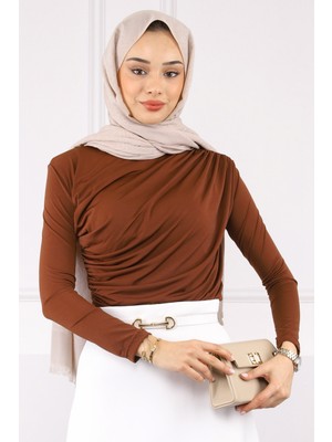 İmaj Butik Kahverengi Önü Drapeli Sandy Bluz