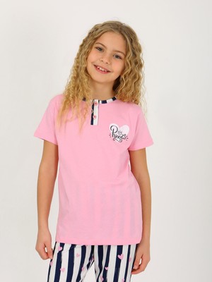 Kız Çocuk Kısa Kollu Düğme Detaylı %100 Pamuklu Pijama Takımı Princess Heart
