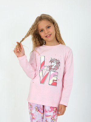 Kız Çocuk Uzun Kollu %100 Pamuklu Pijama Takımı Star Love Toz Pembe