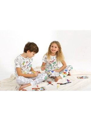 Vitmo Kısa Kollu Özel Kalem Hediye Boyanabilir Kız Erkek Çocuk Pijama Takımı (Yıkama Sonrası Leke Bırakmaz)