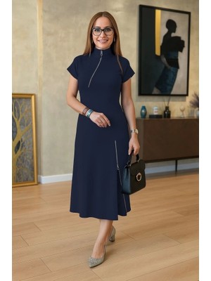 Defy Moda Kadın Kısa Kollu Yakadan ve Etekten Fermuarlı Midi Viskon Iki Iplik Elbise