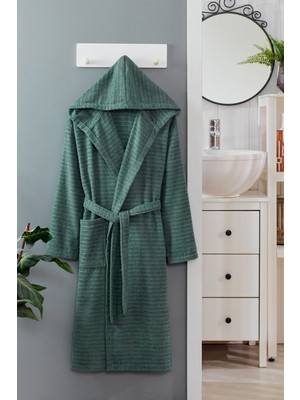 Kapşonlu Pamuklu Unisex Bornoz Çizgi Desen