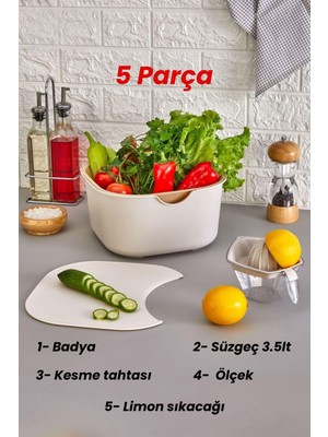 5 Parça Set Lüks Süzgeçli Sebze Meyve Yıkama Badyası Kesme Tahtası Limon Sıkacağı Ölçek