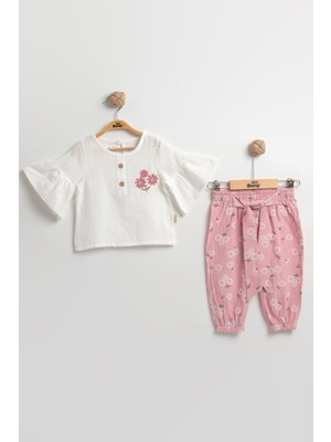 Çiçekli Müslin Pantolonlu Kız Bebek Takımı %100 Pamuk (9-12-18 Ay) - Şık ve Rahat Günlük Set