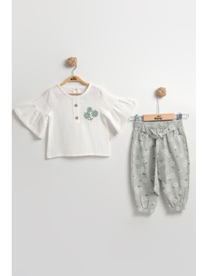 Çiçekli Müslin Pantolonlu Kız Bebek Takımı %100 Pamuk (9-12-18 Ay) - Şık ve Rahat Günlük Set