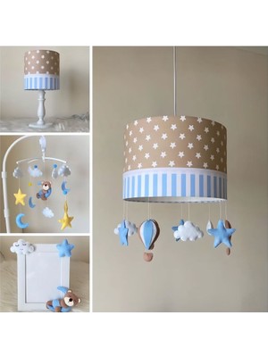 Kahve Yıldızlı Mavi Beyaz Çizgi Desenli Bebek/çocuk Odası Avize Abajur Çerçeve Dönence Set