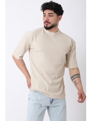 Stil Kombin Çizgili Oversize Bisiklet Yaka Tişört STU-2452_30463