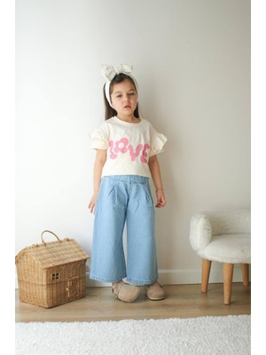 Sacro Kids Love Baskılı Kot Pantolon-Tişört Yazlık Kız Çocuk Takım
