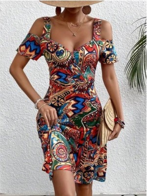 Omuzlardan Açıl Askılı Desenli Süprem Elbise