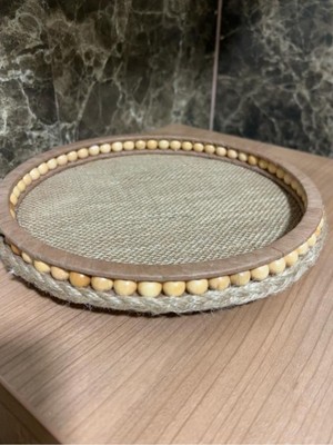 Ahşap Küçük Boncuklu 24  cm  Hasır Doğal Rafya/jüt Tepsi
