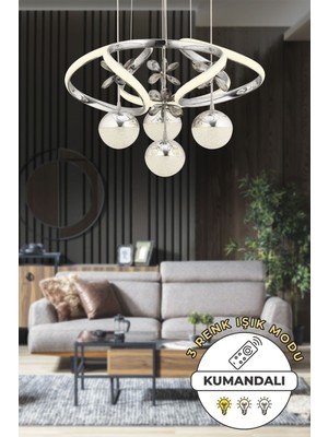 Mediterian Modern Krom Sarkıt Led Avize, 3 Renk Işık, Kumandalı, Şık ve Şık Tasarım