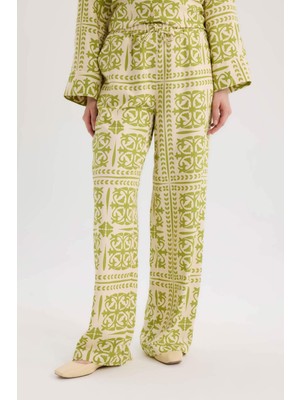 DeFacto Wide Leg Desenli Beli Lastikli Keten Karışımlı Geniş Paça Pantolon D8188AX25SP
